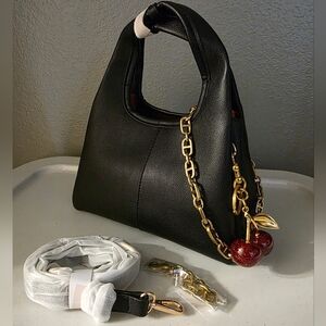Women's Top Handle Satchel Crossbody Bag Handbag W/ Cherry Charm & Gold Chain